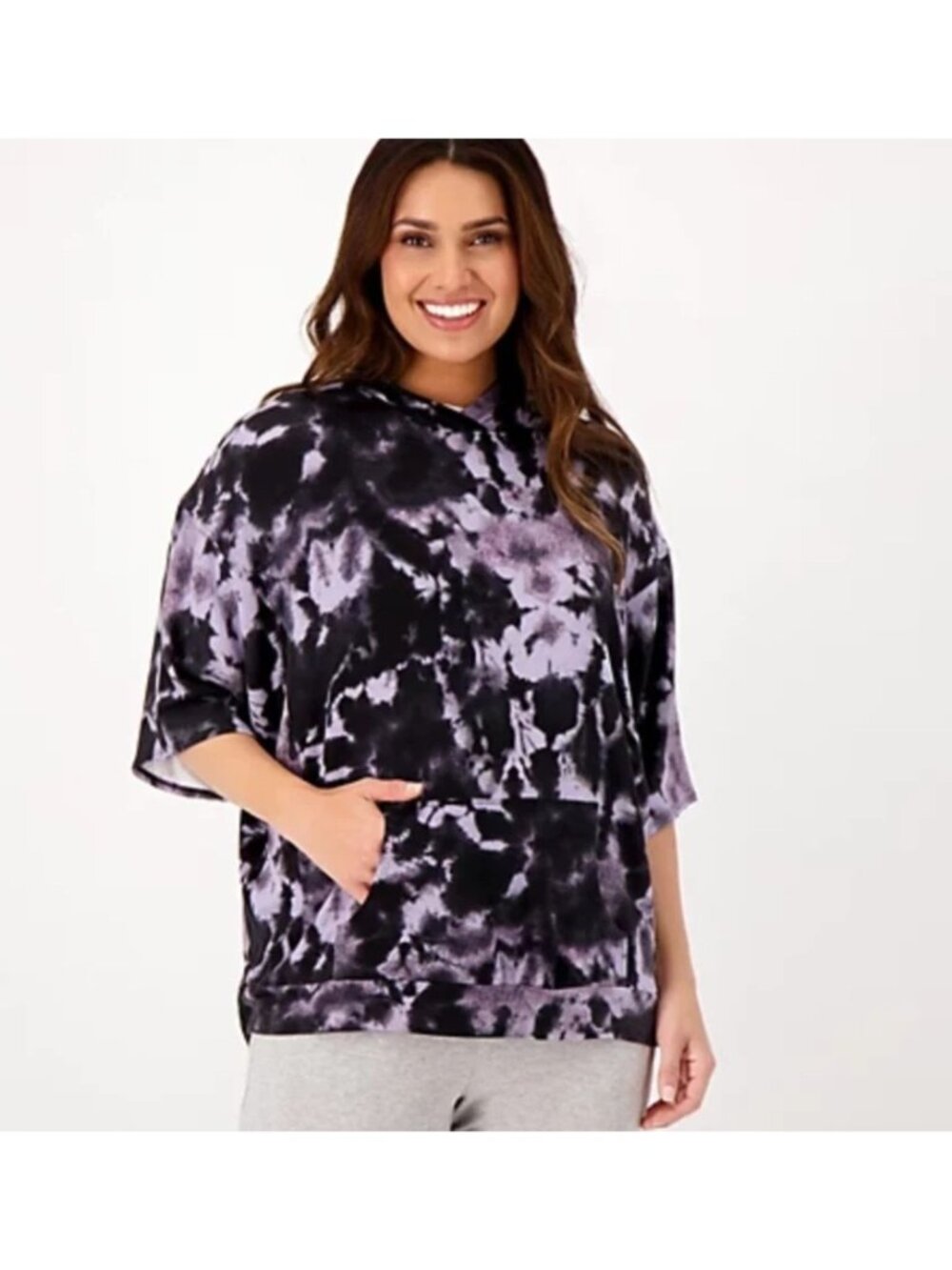 AnyBody Hooded Poncho XXXS/XXS Cozy Knit French Terry Black Tie Dye Lounge Comfy
